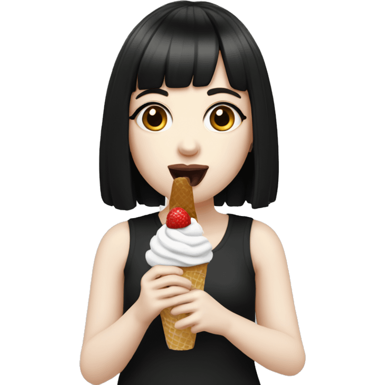 Portrait cute Girl pale skin with black  bangs eating icecream  emoji