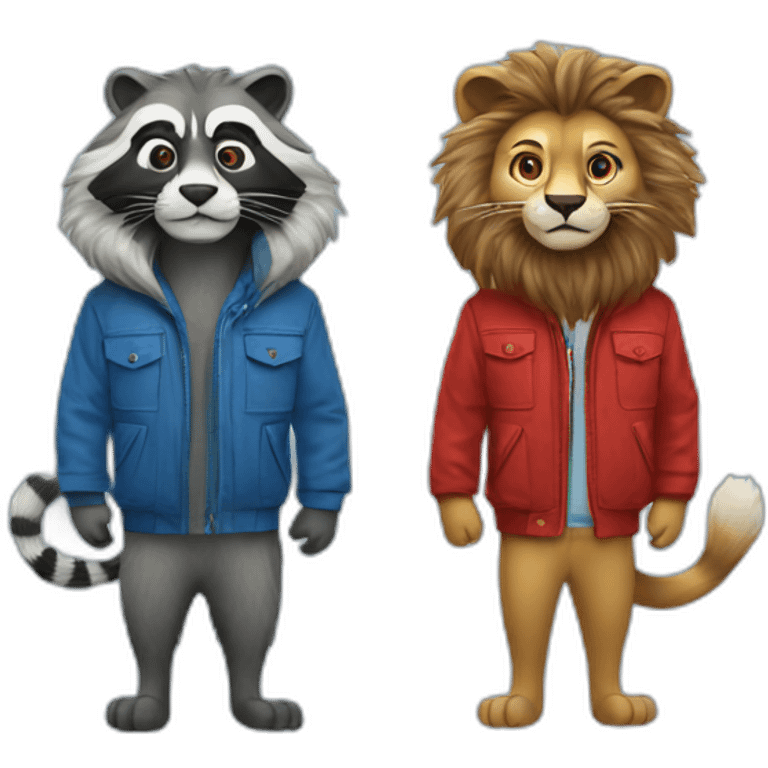 a lion and a raccoon, wearing the same jacket, the lion's jacket is blue and the raccoon's is red emoji