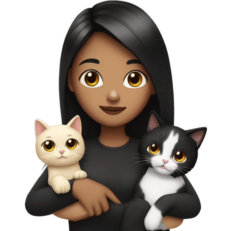 Girl with black hair and blonde highlights with one black cat and one white cat in her arms  emoji