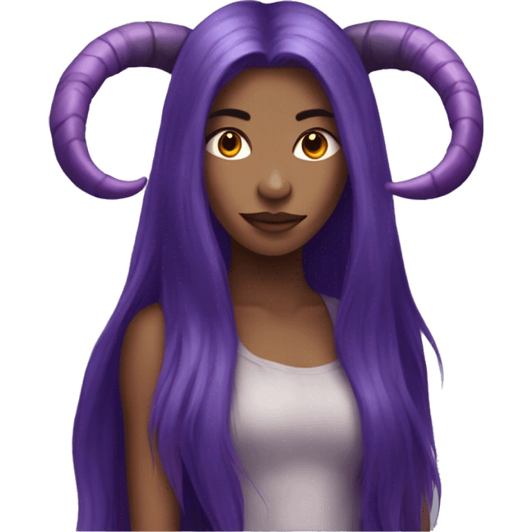 beautiful female with purple long hair hanging down with one demon horn emoji