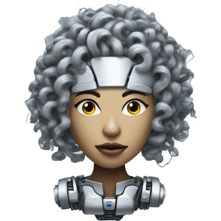 Silver curly hair female cyborg head with mask and circuits emoji