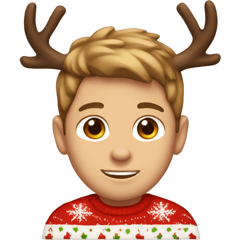 light brown hairwd boy with christmas sweater and raindeer horns emoji