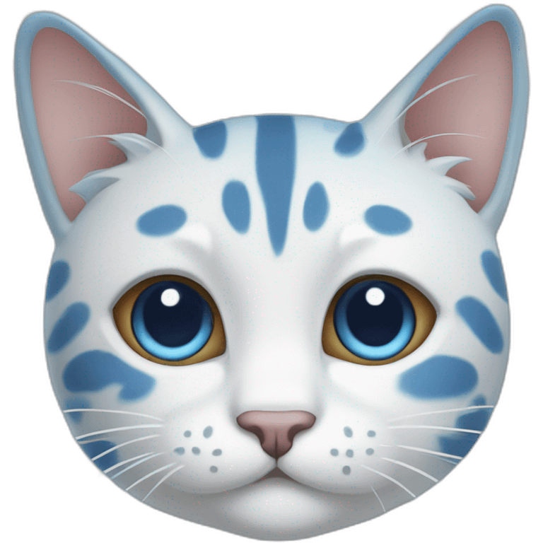 spotted blue and white cartoon cat with a blue right ear, and a spot around the right eye, and the left side is white emoji