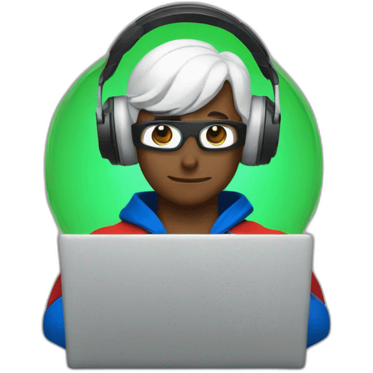 superman wearing head phones and working on a laptop with full concentration emoji