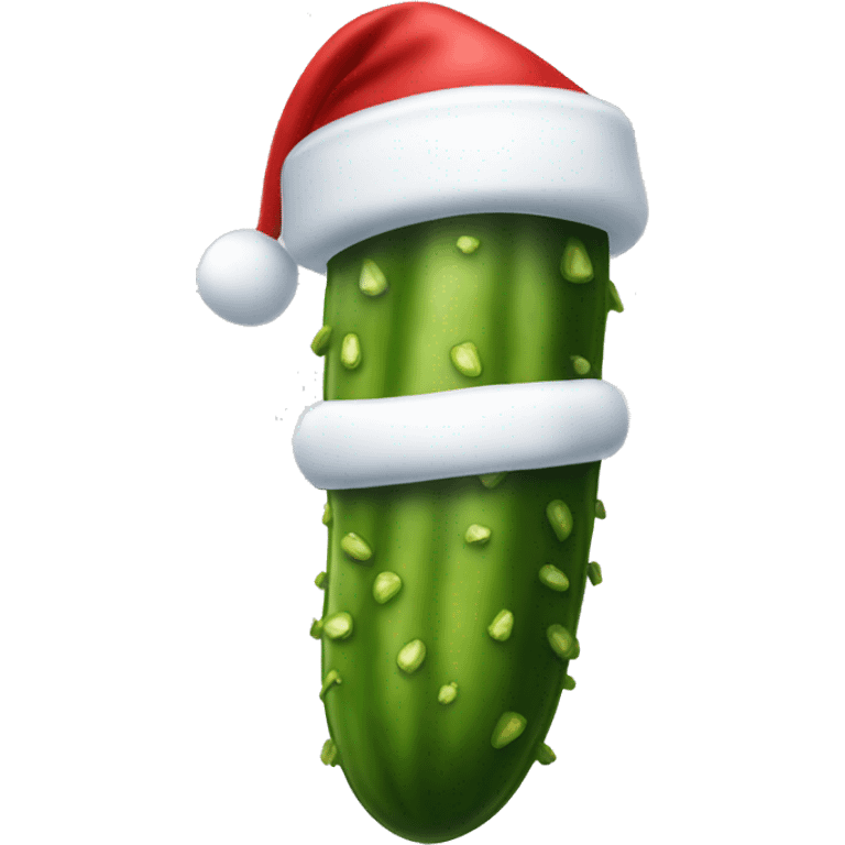 A big Christmas dill pickle wearing a Santa hat emoji