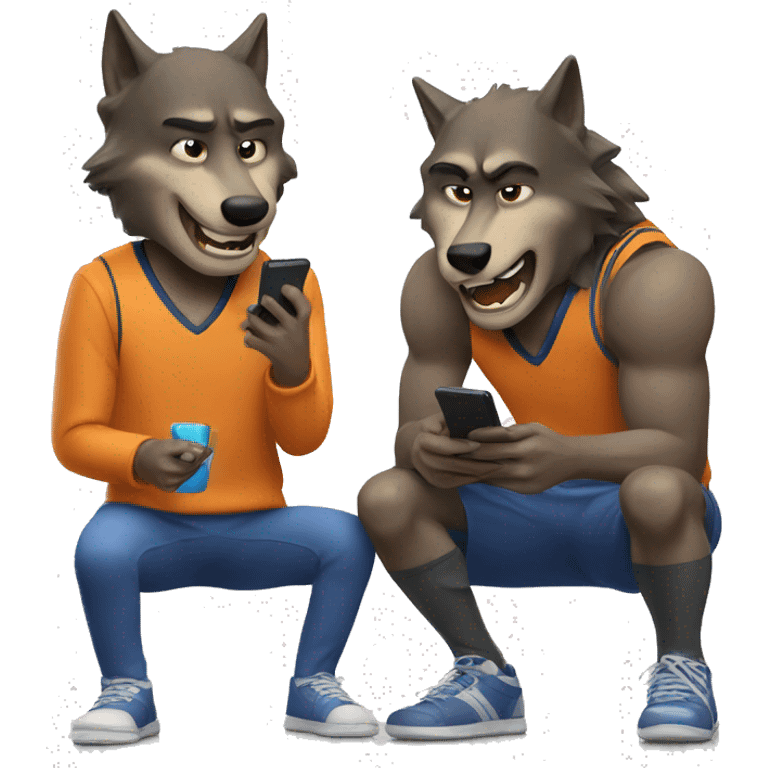 Two human like wolves looking at their phones celebrating basketball emoji