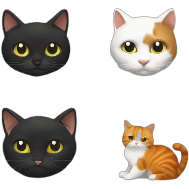 un chat roux, un chat noir écaille tortue et un chat noir et blanc l'un à côté de l'autre emoji