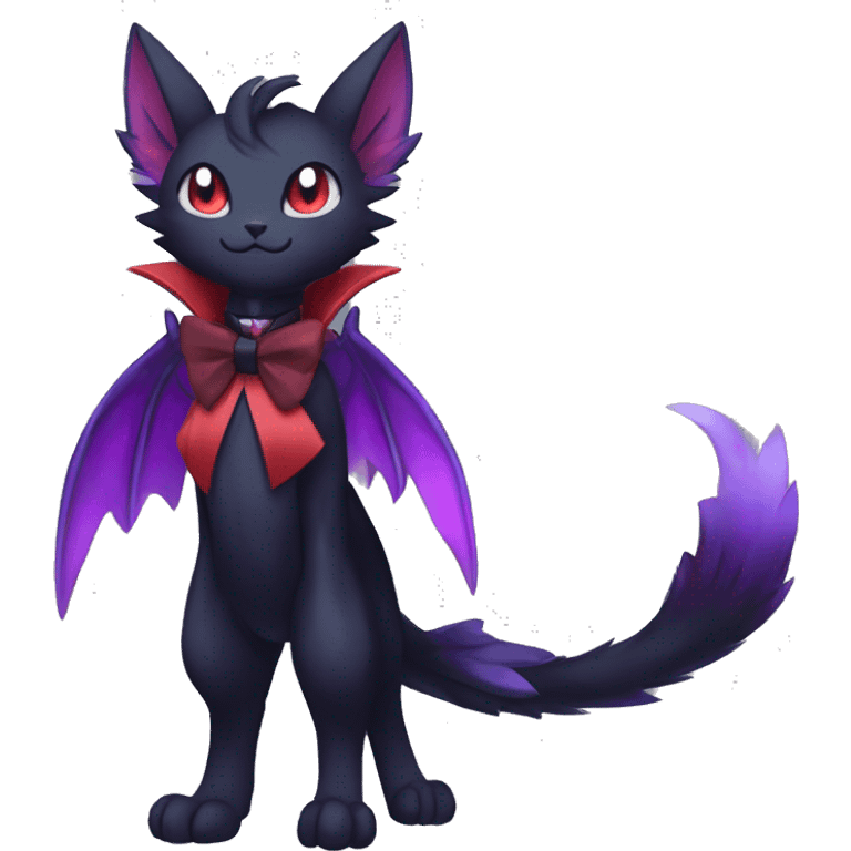 cool anthro black purple red ethereal fantasy nargacuga-Noivern-cat-Fakemon collar harness bow tie and bracers full body emoji