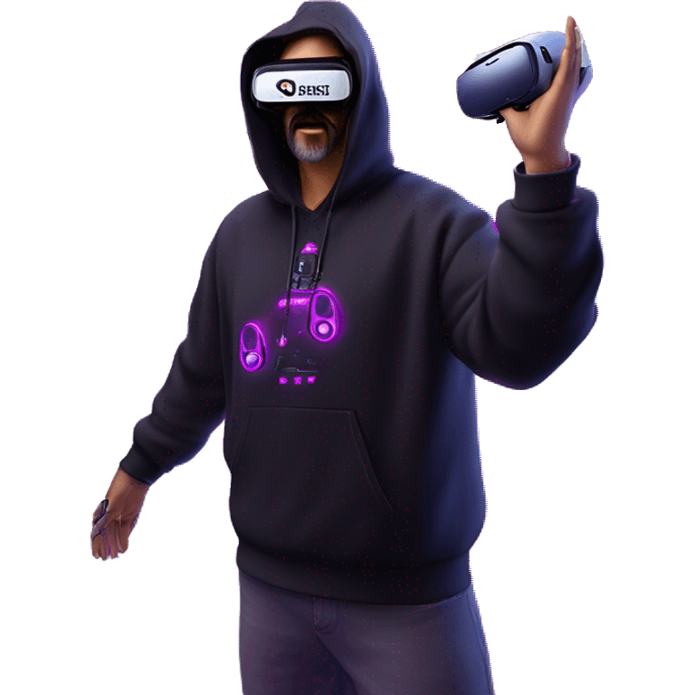 Big Lebowski wearing a black hoodie with "OMG" letters on it and VR headset oculus quest 2 in a cyberpunk VR environment with violet neon lighting. Showing direction with hand emoji