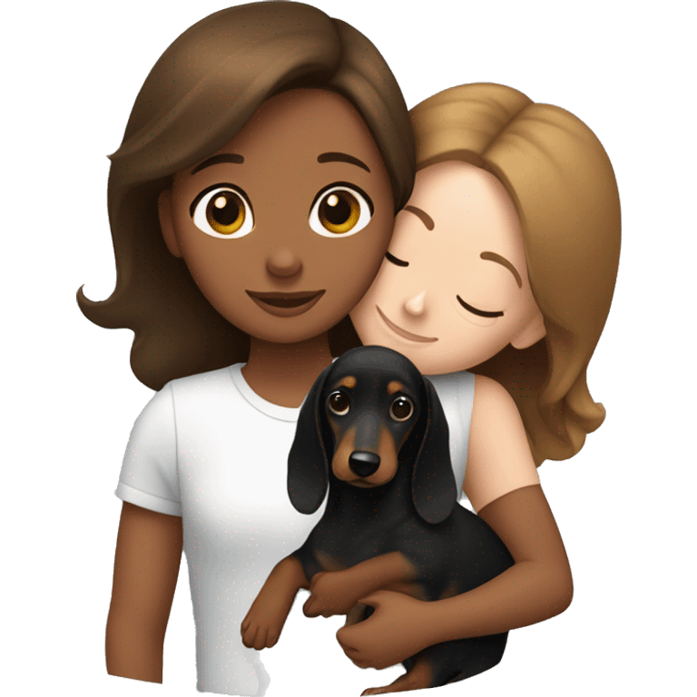 Girl with brown hair snuggling a black and brown dachshund emoji