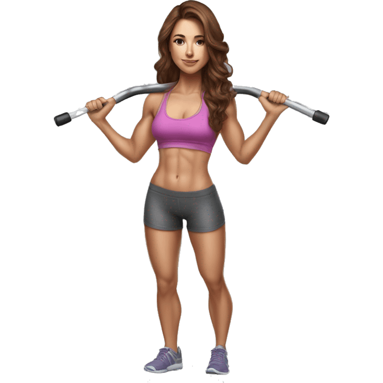 Hyperrealistic pencil drawing of athletic sexy girl in full height with brown hair and barbell emoji