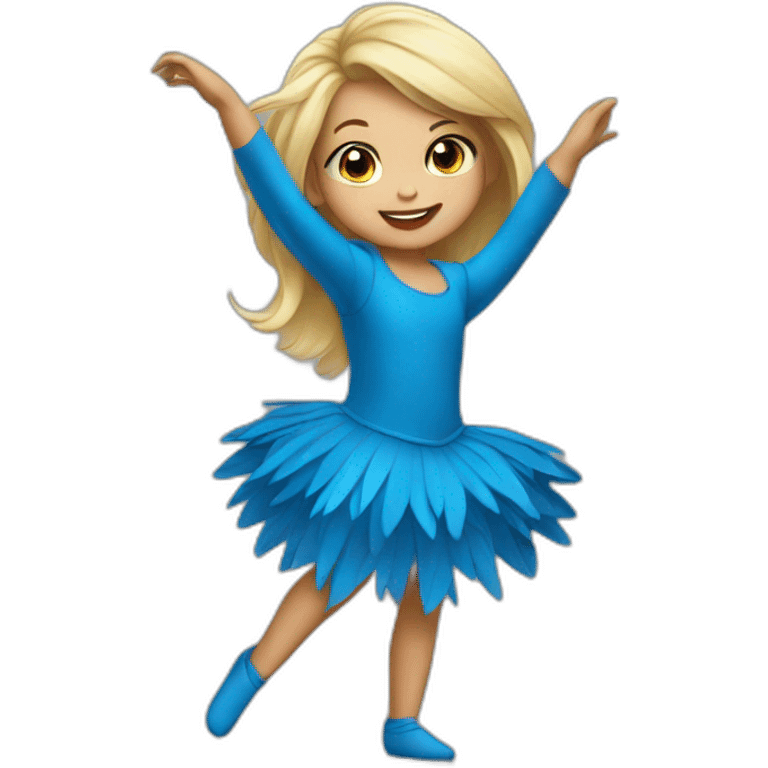 little blonde girl dancing in a blue bird costume emoji