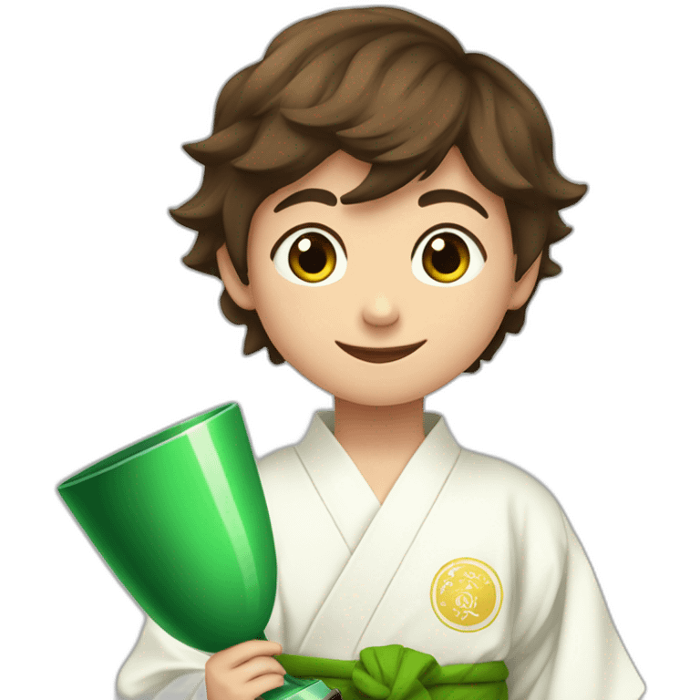 a 12-year-old boy with brown hair in a white kimono with a green belt holds a prize cup with two hands emoji