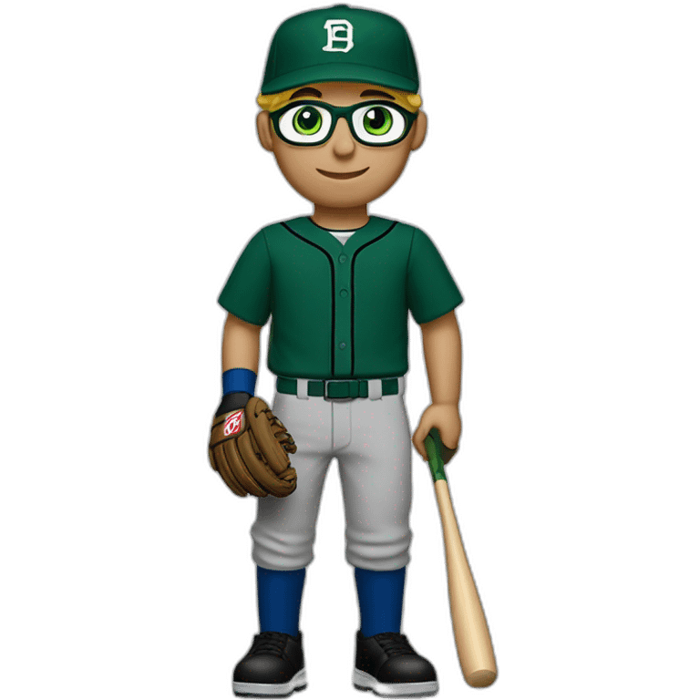 Blonde male short hair with glasses Dark green baseball uniform with hat Blue eyes a cobra snake logo with "C". waist up with a bat in one hand and a macbook emoji