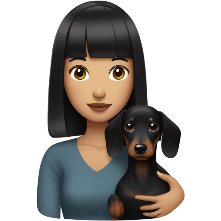 Asian woman with black neat bangs hugging black dachshund emoji