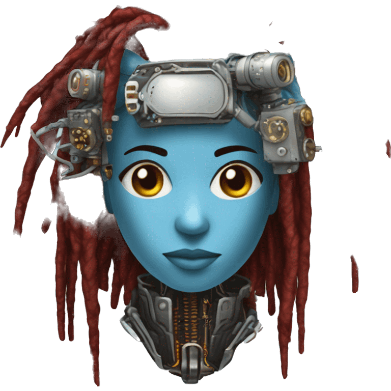 Light blue long dreadlocks female cyborg head with red steampunk goggles and circuits emoji