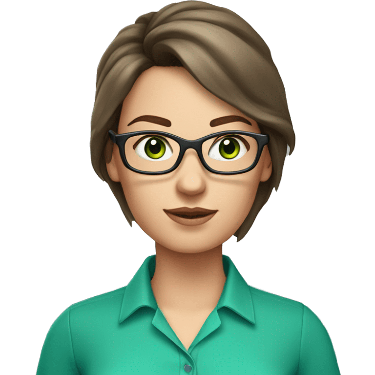 Female coding teacher with brunette hair, green eyes, fair skin, teal eye glasses and a pink shirt emoji