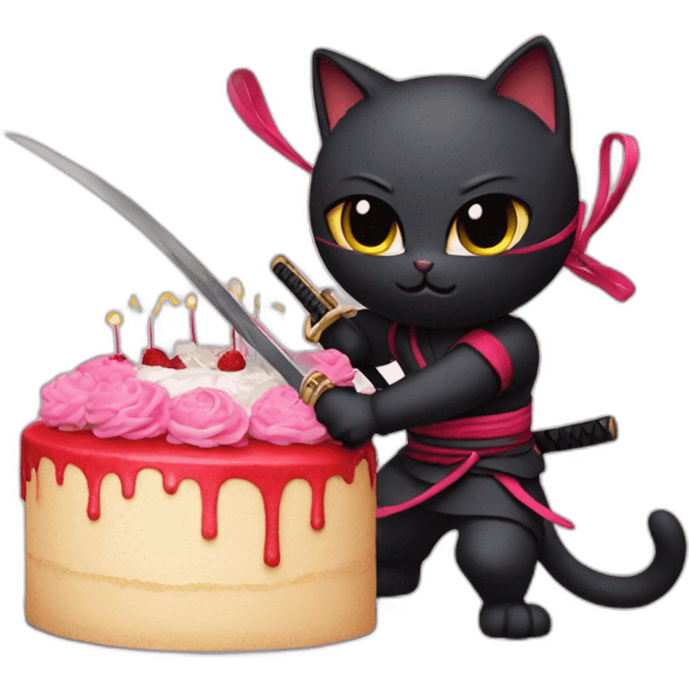 Ninja cat cuts a cake with a katana emoji