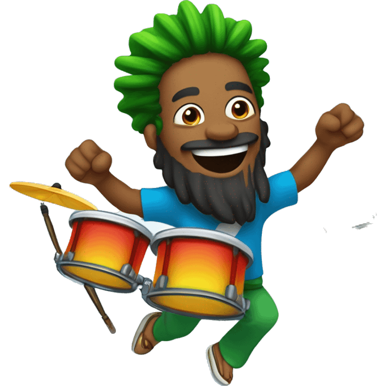  Draw a Brazilian drummer with tied hair, a beard, and Rastafarian style, jumping with joy and energetically playing drums in a live broadcast. The logo "GG Lukas Drummer" should be part of the background. emoji