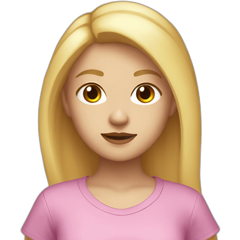 A blonde girl with smooth hair and a ray in the middle, she has light skin a few freckles, small breasts and a music t-shirt emoji