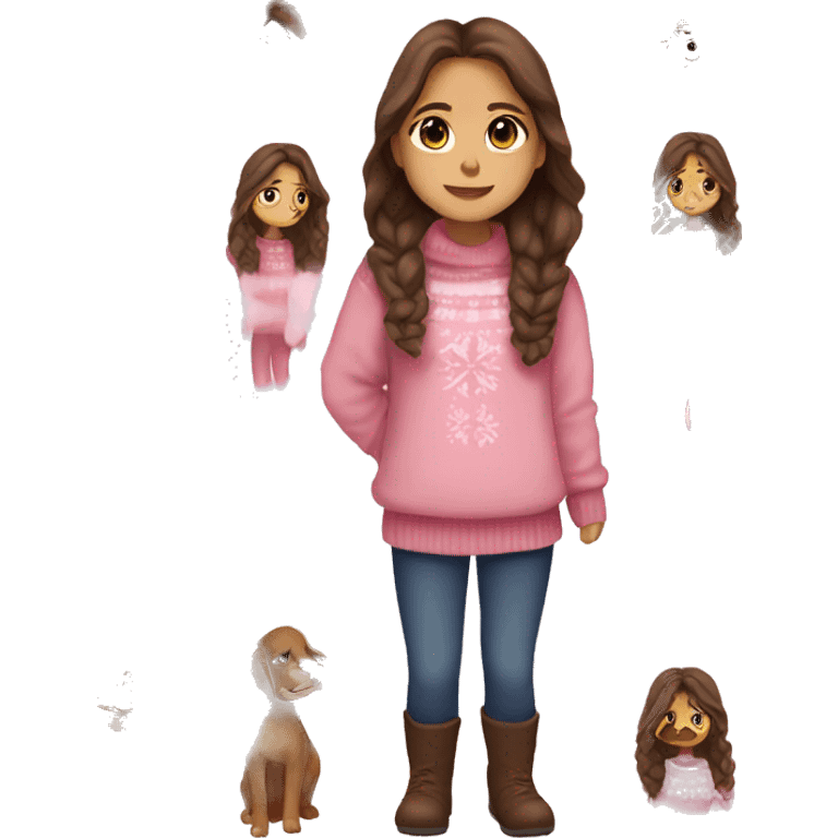 winter, christmas, hispanic, long brown hair, girl, brown eyes, child, full body, pink sweater emoji