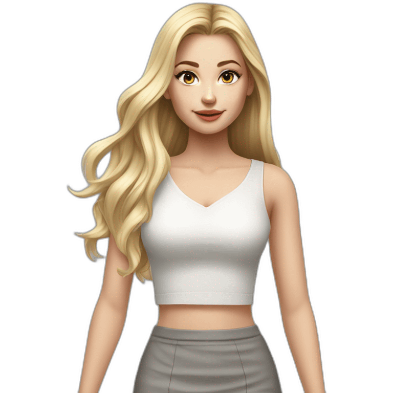 hyperrealist caucasian girl, long straight blonde hair, white v-neck laced crop top, grey mini pencil skirt emoji