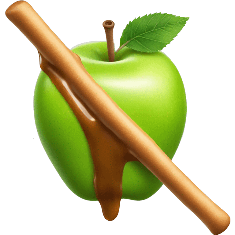 Realistic isolated caramel dipped green apple on a stick on th top . emoji