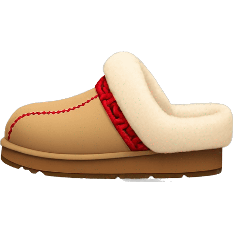 Ugg Camel slip-on slippers. A thin red zig-zag stitch only encircling ankles, VERY chunky platform sole. emoji