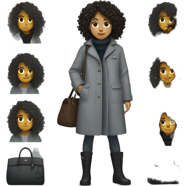 A curly haired girl wearing a long grey coat and boots with a black lacoste bag emoji