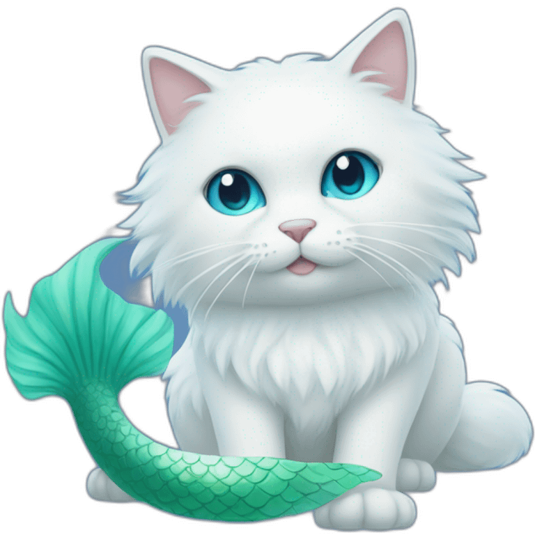 White fluffy cat with blue and green mermaid tail emoji