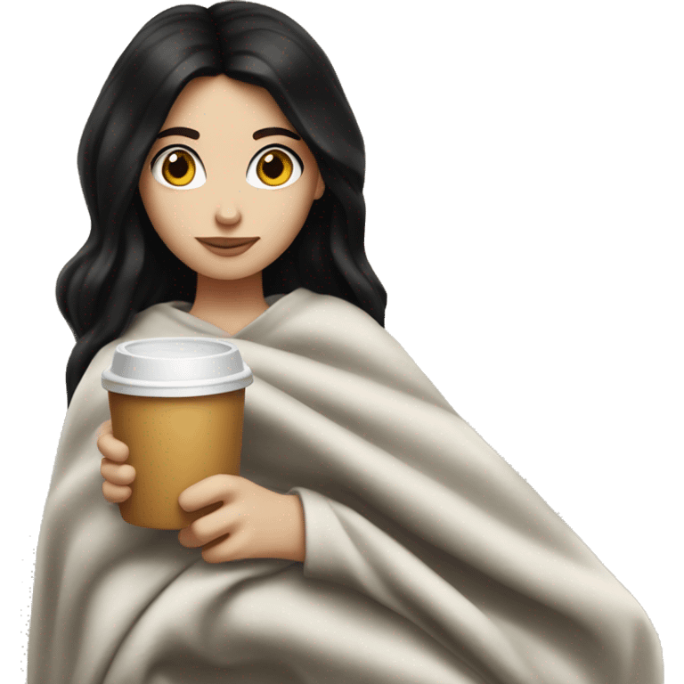 white girl whit black hair holding a cofe whit a blanket in her emoji