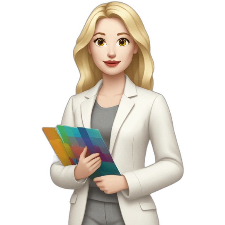 pale skin woman with blonde straight line Hair to shoulders, White classical jacket, Gray Palazzo pants holding a color palette in the hands emoji