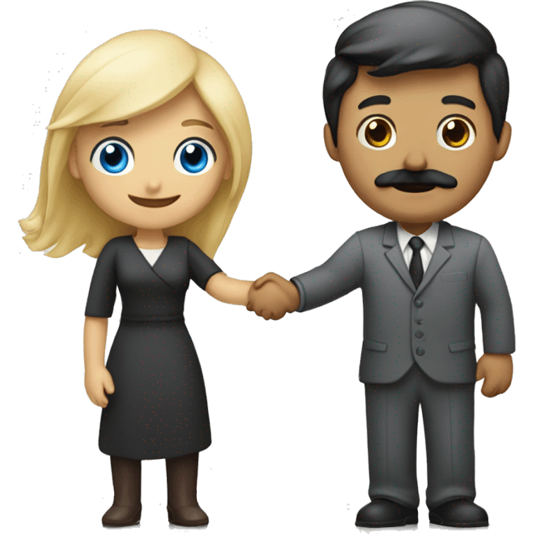 blond blue eyed woman shaking hands with dark hair dark eyed man with mustache emoji