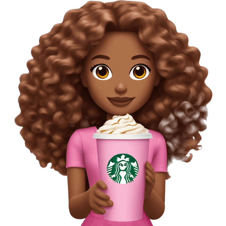 Barbie girl with brown long curly hair holding Pink starbucks refresher emoji