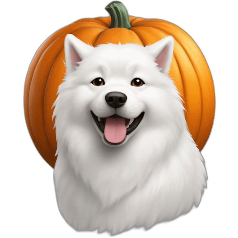 Samoyed in a pumpkin with bat behind emoji