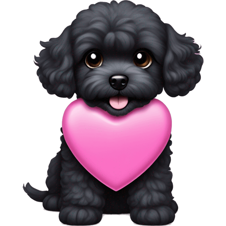 Black maltipoo dog sticking out tongue and happy with a blue collar that has a pink heart tag emoji