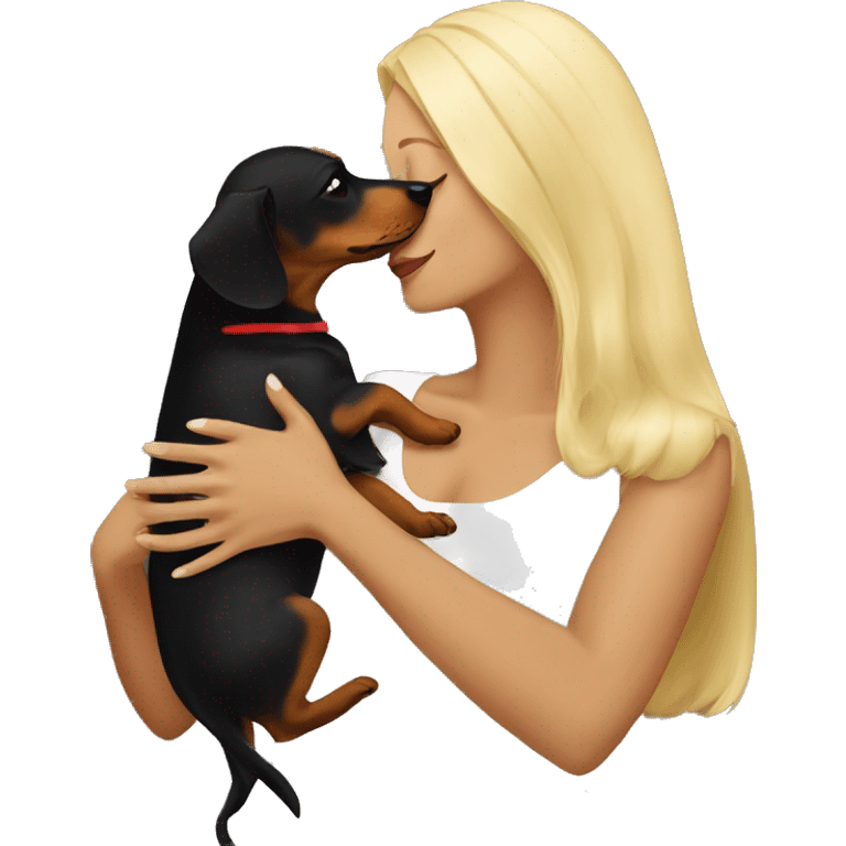 blonde woman kissing black and tan dachshund  emoji