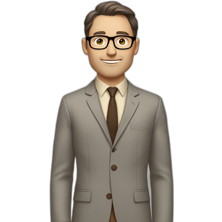 Full height Gesticulating Pale skinned fit man with dark brown hair in gray jacket, beige office shirt, brown tie, brown pants and vintage glasses. emoji