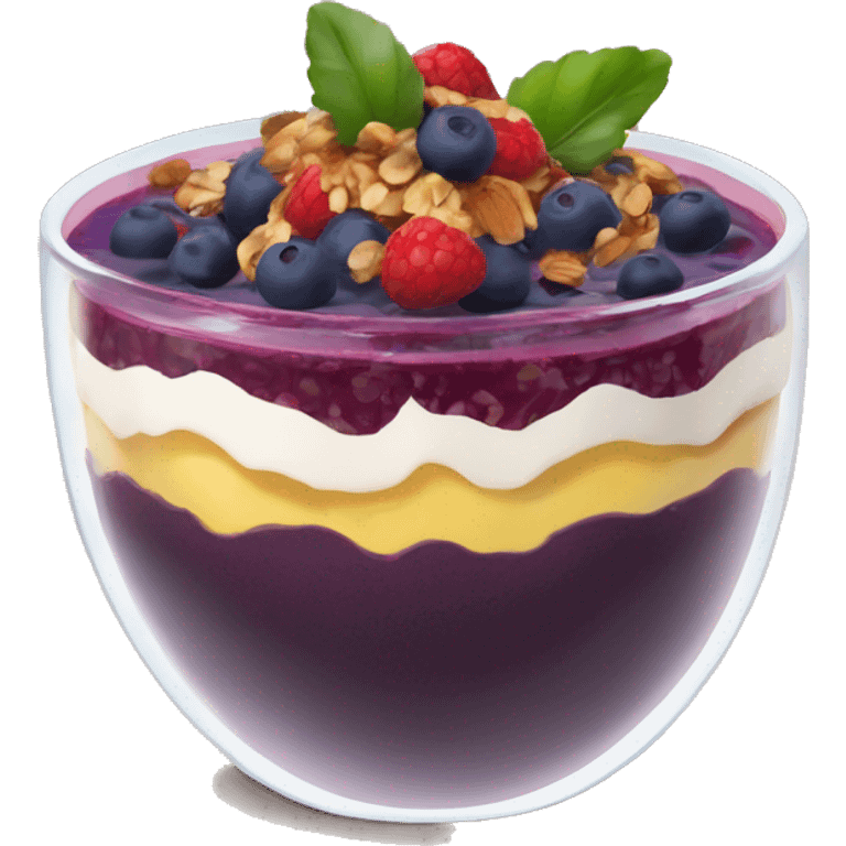 Açaí in a clear cup with layers of fruits and granola and condensed milk emoji