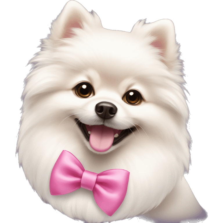 white pomeranian using pink bow smiling  emoji