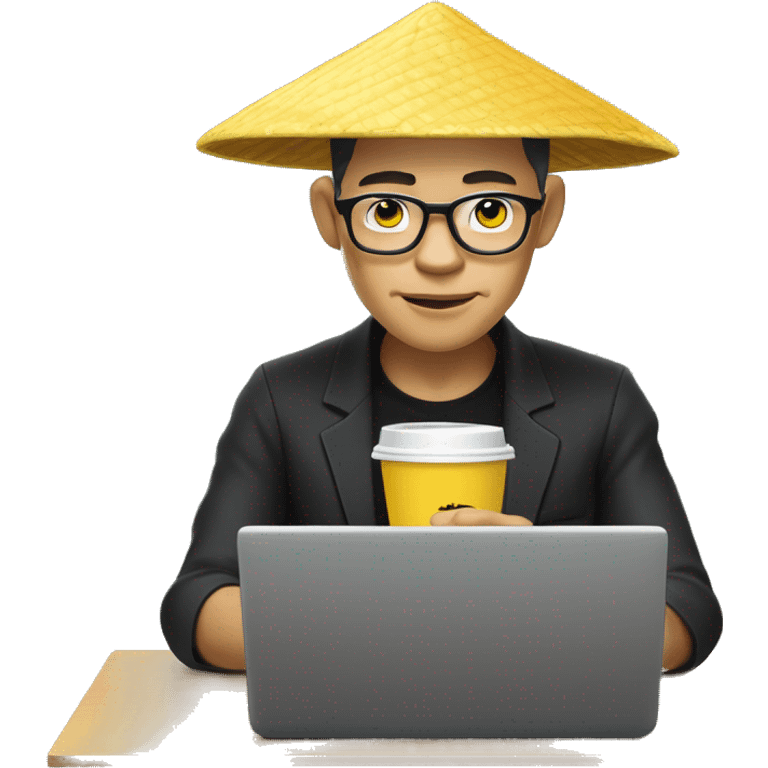 A memoji-style Vietnam man with yellow skin, wear nearsighted glasses, a traditional Vietnamese conical hat , black shirt, sitting at a desk with a cup of coffee, typing on keyboard, laptop with a logo styled as '</>' in front front emoji