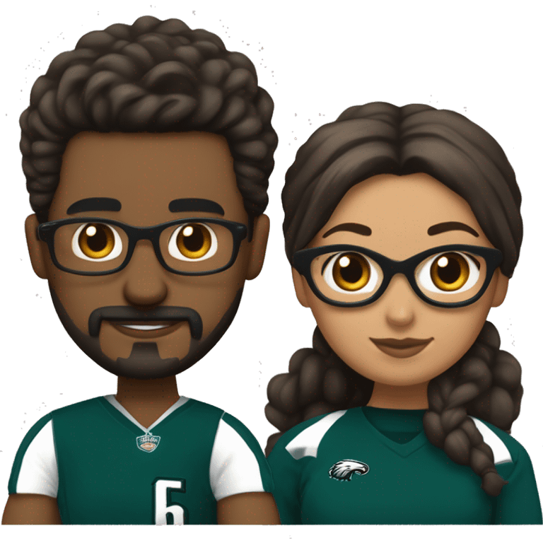 Brown skin couple in Philadelphia Eagles clothing guy has a beard and mustache girl has her hair in a bun and only the girl has on glasses emoji