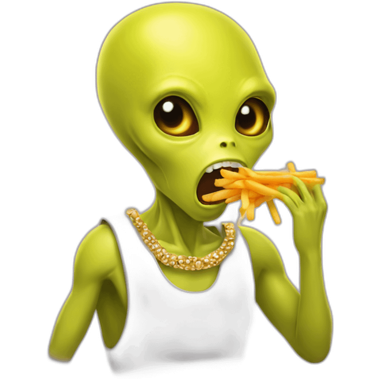 a yellow alien with gold jewelry eating carrots and french fries emoji