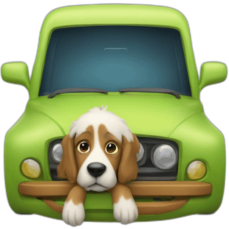 In the car, a dog with a parrot on its nose peeks out of the onyuk emoji