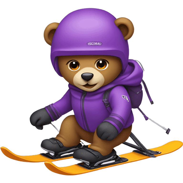 Teddy bear skiing with purple skis front position emoji