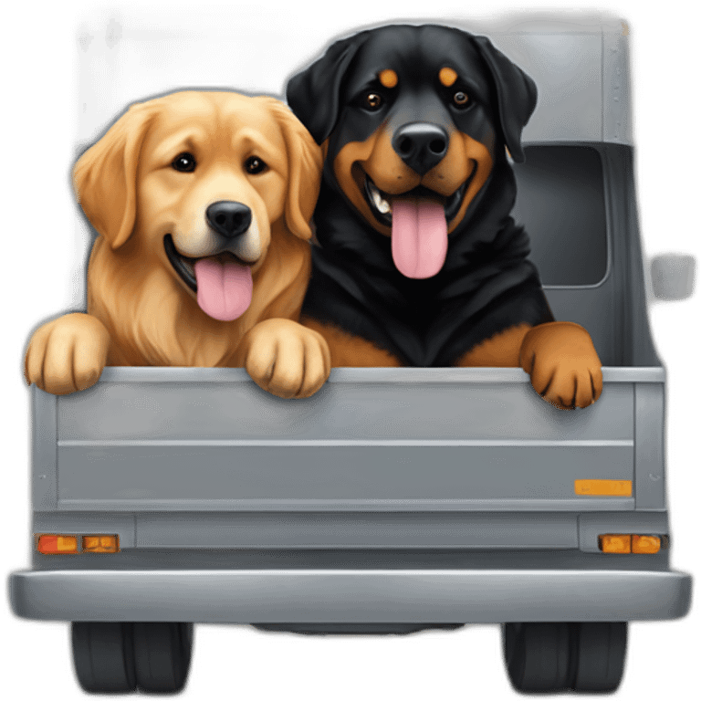 A rottweiller and A Golden retriever hugging a rottweiller on a moving truck emoji