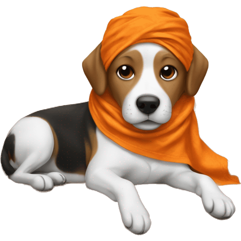 dog laying on a couch, wearing orange bandana emoji