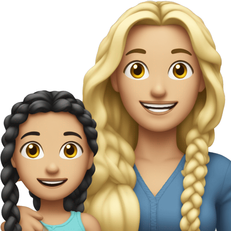 An emoji of a blonde mother with long hair, standing next to her 3-year-old daughter with black braided hair, both smiling emoji