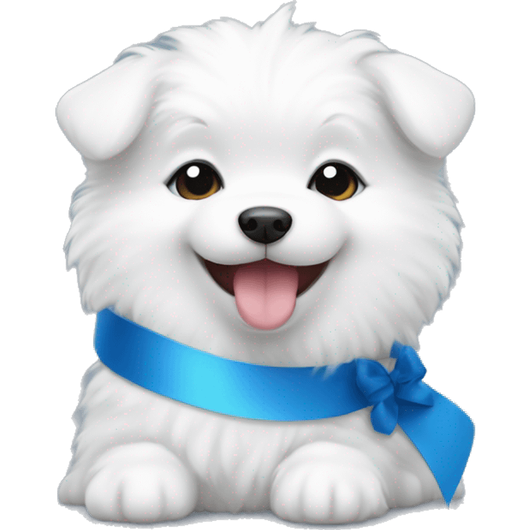 Samoyed puppy with big eyes and tongue smiling with blue Ribbon 
 emoji