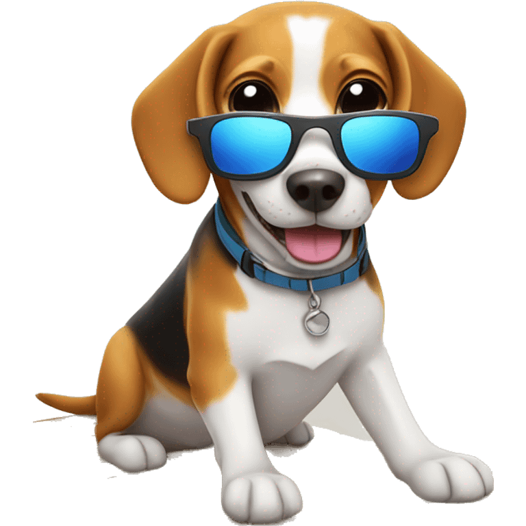 Happy beagle surfing in the sun with sunglasses emoji